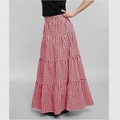 Detailed view of red and white checkered maxi skirt with tiered ruffle layers - S / Red