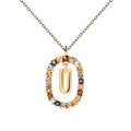 Close-up of golden oval pendant with letter U surrounded by colorful zircon gemstones - Letter U