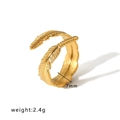 Golden feather-shaped open ring in stainless steel, 7mm width and 2.4g weight - Adjustable Open / Feather Relief Shape (HF-J1357) / Gold