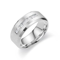 Detail of brushed titanium steel band ring featuring a row of square-cut clear zirconia - Size 6 / Silver