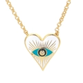 Gold-plated heart necklace with white enamel evil eye pendant and zircon accent - White