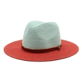 Zweifarbiger Panama-Strohhut mit grünem Kopf, roter Krempe und braunem Samtband - M (56-58cm) / Minzgrün + Rot
