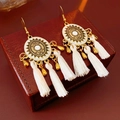 Bohemian rhombus enamel sun earrings with white tassels on a vintage leather box - Round Drip Oil Sun Tassel Style (HE21223)