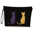 Black canvas makeup bag with cute purple and yellow cat silhouettes and wrist strap - Cat Silhouette 1-With Strap(xy-082-1) / 25x17cm
