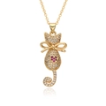 Gold plated cat pendant necklace with pavé zircons and a pink heart-shaped crystal - Heart Cat