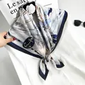 Detail of nautical 90cm silk scarf with anchor and ship patterns in blue and white - Nautical Sailing - Blue White