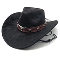 Detail of western cowboy hat with brown leather band, silver bull head and chin strap - M(56-58cm) / Black