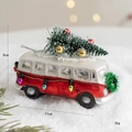 Vintage red and white Christmas van ornament with a miniature tree and glitter snow finish - Vintage Bus