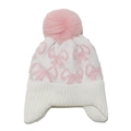 Gorro de punto blanco con pompón rosa y lazos, con protección para las orejas del frío - Blanco