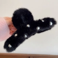 Black plush hair claw clip with silver rivets luxury vintage style for thick hair - Black High-low Plush Pearl Claw Clip