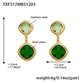 Green glass stone drop earrings with square cut faceted crystals in 18k gold plating - Spliced Green Glass Stone Gold Earrings