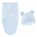 Flat lay of light blue newborn swaddle bag and matching bear ear hat set on white surface - Blue Swaddle + Hat Set