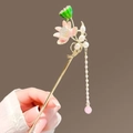 Pink lotus flower hairpin with gold metal stem and elegant pearl tassels ornament - Lotus