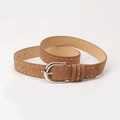 Brown suede leather belt for women featuring silver stud details and a metal buckle - Camel