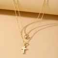 Double-layered gold necklace with sparkling round zircon and classic cross pendants - HS1459-13 Gold Double Layer Zircon Cross Necklace