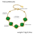 Gold stainless steel bracelet with five square green glass stones and measurement details - Bracelet / Gold-Green