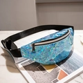 Holographic blue waist bag with sequin texture and adjustable black strap for Y2K style - Blue