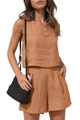 Ensemble décontracté en lin pour femme avec haut à col carré et short taille haute caramel - S / Marron