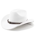 Detail of white western suede cowboy hat with brown braided leather band and metal logo - M (56-58cm) / Pure White