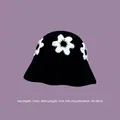 Handmade black knit bucket hat with white daisy patterns for a retro winter style - M (56-58cm) / 3D Floral Basin Hat Black