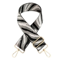Close-up of zebra pattern nylon shoulder strap with gold metal buckles and hooks - Grey Base Black White (Zebra)
