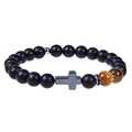 Bracciale di perle nere opache con pietre occhio di tigre e un ciondolo a croce grigia - Biglietto di Benedizione (Bless) / Occhio di Tigre + Pietra Opaca