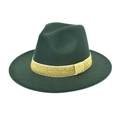 Detailed view of dark green wool fedora with a sparkling gold glitter ribbon band - Dark Green