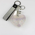 Portachiavi a cuore con strass AB, cinturino di diamanti neri e nappa bianca chic - Bianco