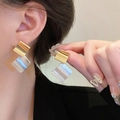Two-tone geometric fringe earrings with brushed gold and silver metal finishes - Brushed Geometric Square / Silver