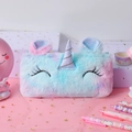 Detail of plush unicorn pencil case with gradient fur and glitter ears on pink background - Green Tie-dye