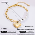 Gold stainless steel bracelet with white pearls and engraved Be My Valentine heart charm - Gold Pearl Heart Letter Bracelet (SL41222)