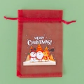 Red Christmas organza drawstring gift bag with Santa and snowman prints - Style 1 / 10*15cm
