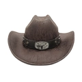 Brown faux leather western cowboy hat featuring a silver bull head buckle and star studs - M (56-58cm) / Coffee