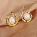 Close-up of elegant 18K gold plated hoop earrings featuring large white freshwater pearls - ER1483-B Half-Hoop Gold Big Pearl