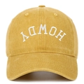 Detail of white 3D Howdy embroidery on washed yellow cotton baseball cap with curved brim - Adjustable / Yellow