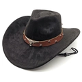 Classic black faux suede cowboy hat with vintage silver bull head metal buckle decoration - M(56-58cm) / Black