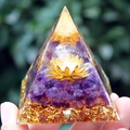 Orgone pyramid with amethyst stones, gold foil, and lotus flower crystal sphere - Clear Quartz Lotus / Small