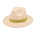 Detail of wool fedora hat with elegant gold glitter ribbon trim on a clean white background - Beige