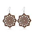Detailed view of dark brown hollow flower wood earrings with mandala pattern design - Style 42