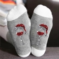 Christmas socks in gray and white featuring a glittery wine glass with a Santa hat - One Size / Wine Glass Grey White