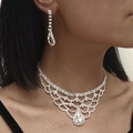 Sparkling rhinestone jewelry set with water-drop pendants worn on a female model - DTN14027013S-Silver Mesh Teardrop
