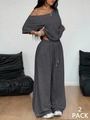 Women's 2-piece lounge set with off-shoulder top and wide-leg trousers in dark heather grey - S / Dark Gray