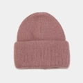 Pink angora wool knit beanie with vertical rib patterns and a folded wide brim - Dusty Pink