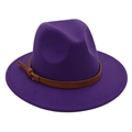 Detailed macro view of purple wool fedora hat texture and brown faux leather belt buckle - M (56-58cm) / Dark Purple (Yellow Rope)