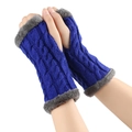 Blue knit fingerless gloves with grey faux fur trim and cozy thick thermal lining - One Size / Bright Blue 18#