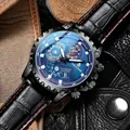 Men's black quartz watch with navy blue textured dial and black leather red stitch strap - Black Leather Blue Face