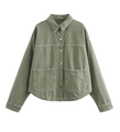 Detailansicht der armeegrünen Baumwolljacke mit Pattentaschen und Knopfleiste vorne - XS / Grün