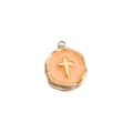 Golden round pendant with orange enamel and a 3D cross for DIY jewelry making - Type D Orange Cross