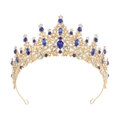 Detail of golden crown with navy blue teardrop gems and white rhinestones on white base - Gold with Deep Blue Stones
