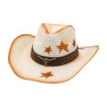Unisex straw cowboy hat with orange star print and metal bull pendant on brown band - Bull Head Decorative Band + Wind Rope / White